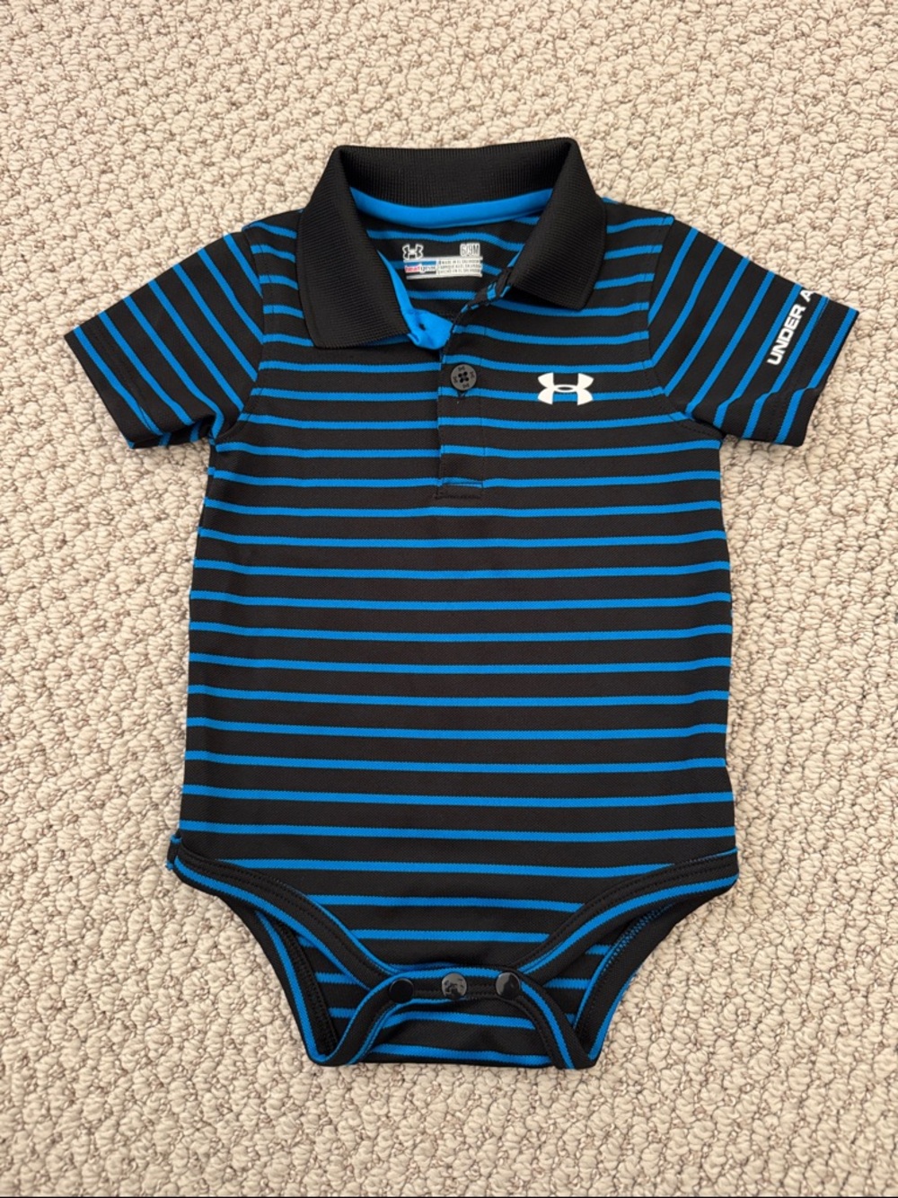 LIKE NEW Under Armour Black w/Blue Stripes Polo Baby Onesie (Size 6-9 months)